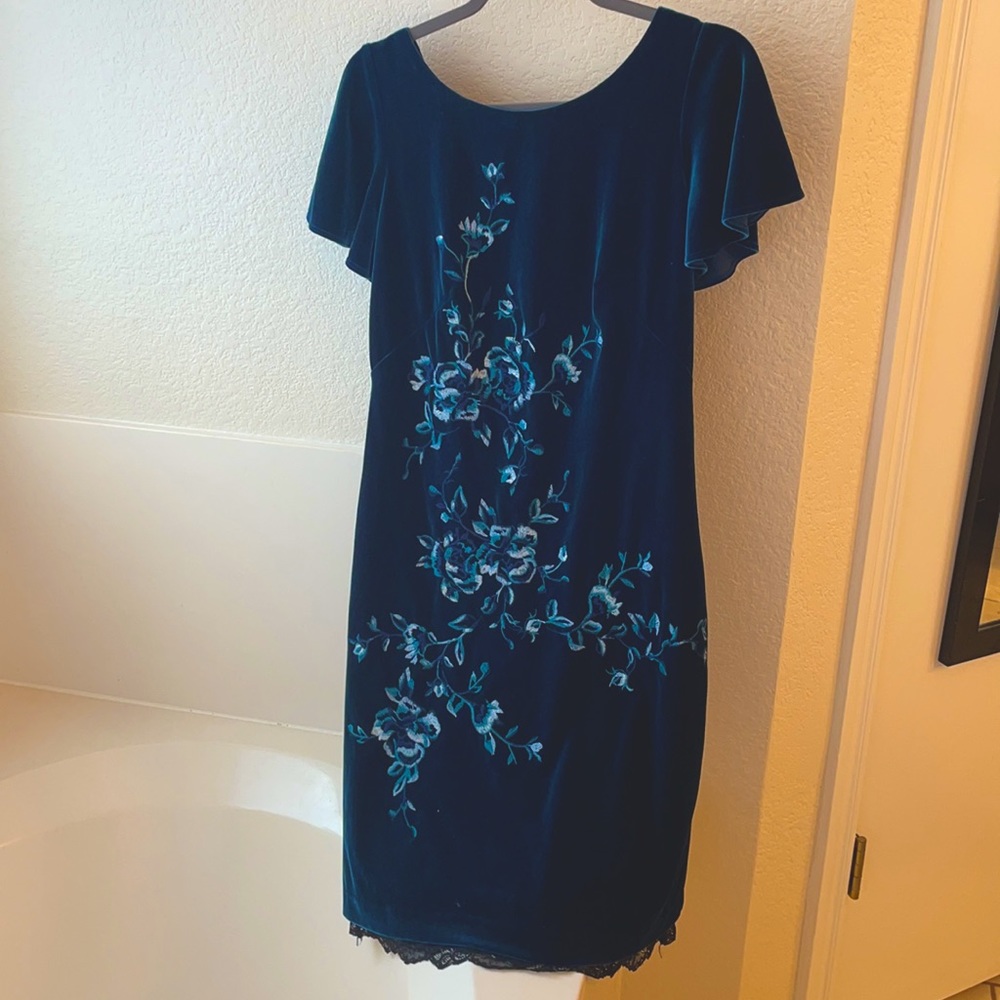 teal blue velvet embroidered vintage dress (XS)